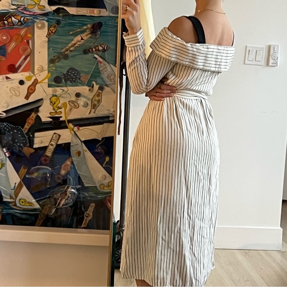 Tibi Striped Button Up Off the Shoulder Dress - Picture 2 of 6